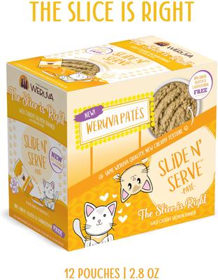 Show full view: Weruva Slide N' Serve The Slice is Right Wild Caught Salmon Dinner Pate Grain-Free Cat Food Pouches, 2.8-oz pouch, case of 12 slide 3 of 13