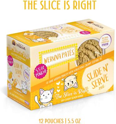 Show full view: Weruva Slide N' Serve The Slice is Right Wild Caught Salmon Dinner Pate Grain-Free Cat Food Pouches, 5.5-oz pouch, case of 12 slide 3 of 13