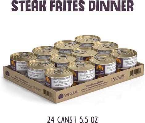 Show full view: Weruva Steak Frites Dinner with Beef, Pumpkin & Sweet Potatoes in Gravy Grain-Free Canned Dog Food, 5.5-oz, case of 24 slide 3 of 13
