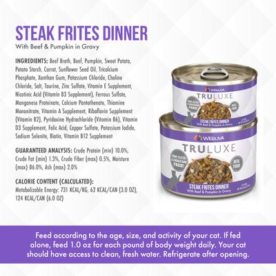 Show full view: Weruva Truluxe Steak Frites Dinner Beef & Pumpkin in Gravy Grain-Free Wet Cat Food, 3-oz, case of 24 slide 6 of 14