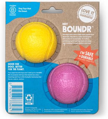 Show full view: West Paw Boundr Ball Dog Chew Toy, 2 count, Dandelion Yellow/Hot Pink, Small slide 3 of 11