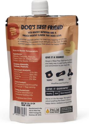 Show full view: West Paw Peanut Butter, Sweet Potato & Chia Seed Creamy GMO-Free Lickable Dog Treats, 6.2-oz bag slide 3 of 10