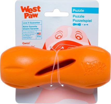 Show full view: West Paw Qwizl Tough Treat Dispensing Dog Chew Toy, Tangerine Orange, Small slide 2 of 9