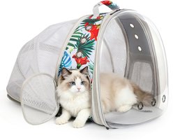 WEVONIGU Back Expandable Print Floral Style Escape Proof Backpack Dog & Cat Carrier with Space Capsule Window, Medium