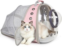 WEVONIGU Extension Stylish Transparent Shell Expandable Bubble Foldable Backpack Dog & Cat Carrier with Ventilation Cover, Pink, Large