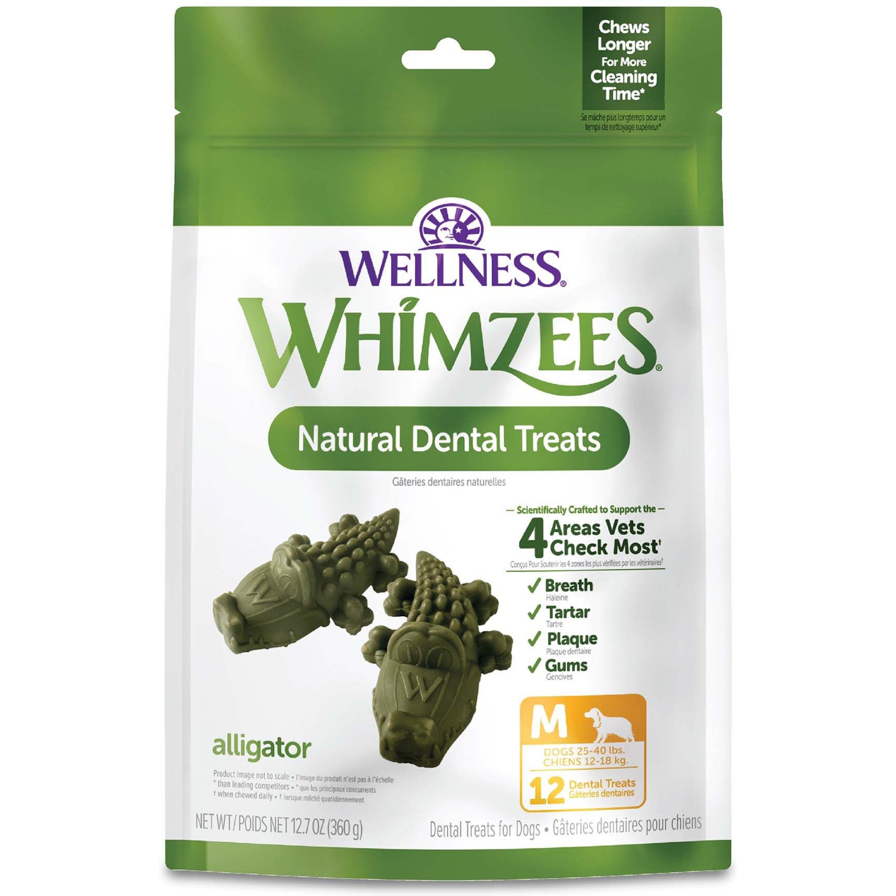 WHIMZEES Alligator Dental Chews Natural Grain-Free Dental Dog Treats, Medium, 12 count