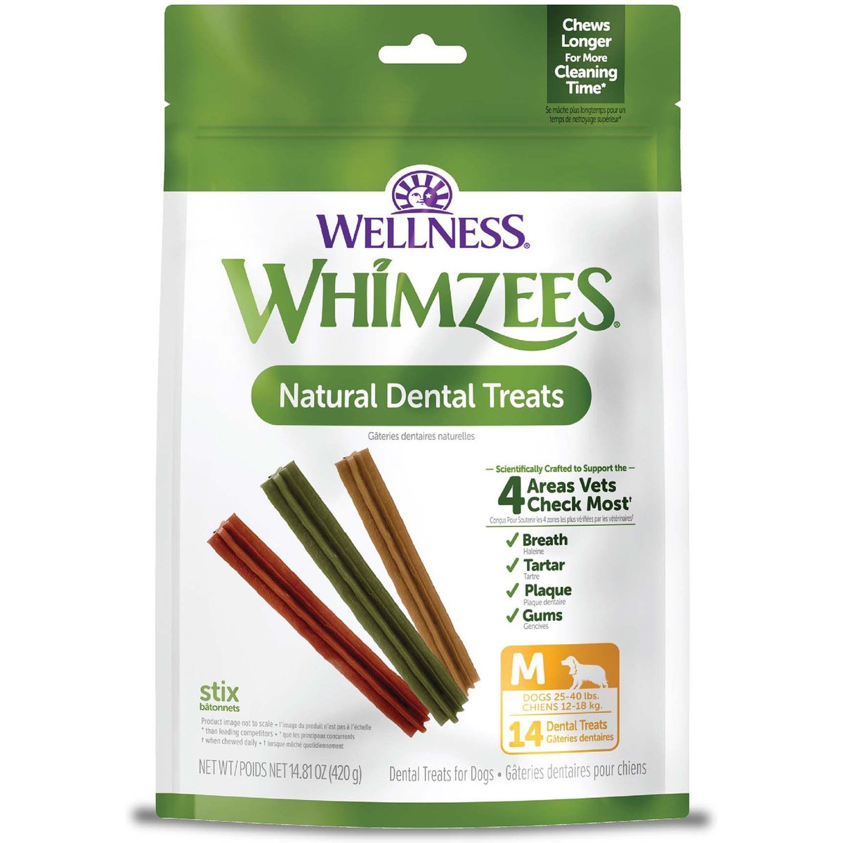 WHIMZEES Stix Dental Chews Natural Grain-Free Dental Dog Treats, Medium, 14 count