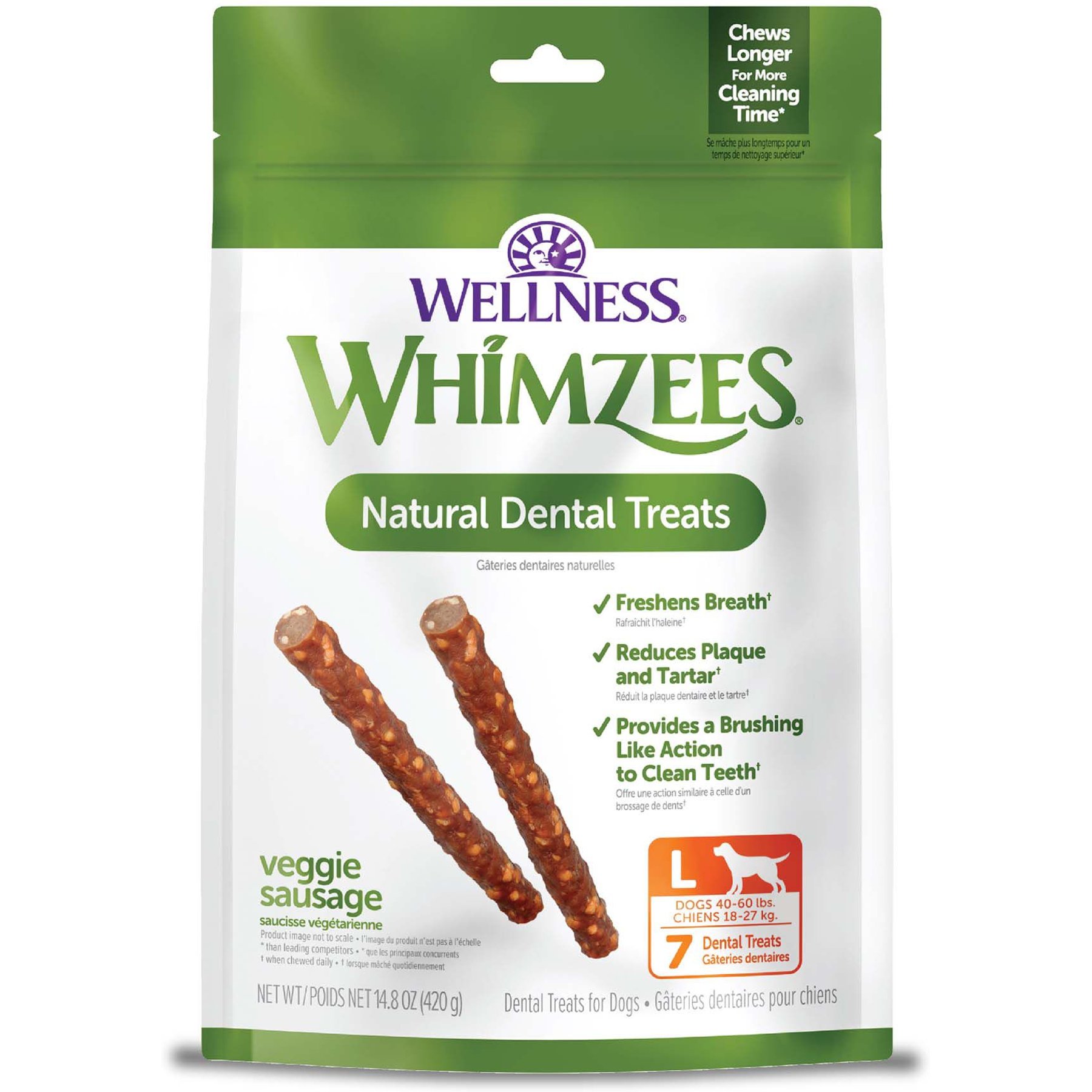 WHIMZEES Veggie Sausage Dental Chews Natural Grain-Free Dental Dog Treats, Large, 7 count