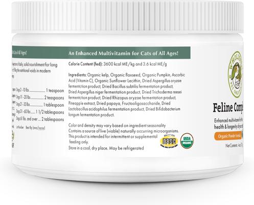 Show full view: Wholistic Pet Organics Organic Feline Complete Pumpkin Enhanced Powder Daily Multivitamin for Cats, 4-oz jar slide 3 of 11