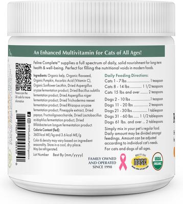 Show full view: Wholistic Pet Organics Organic Feline Complete Pumpkin Enhanced Powder Daily Multivitamin for Cats, 8-oz jar slide 3 of 10