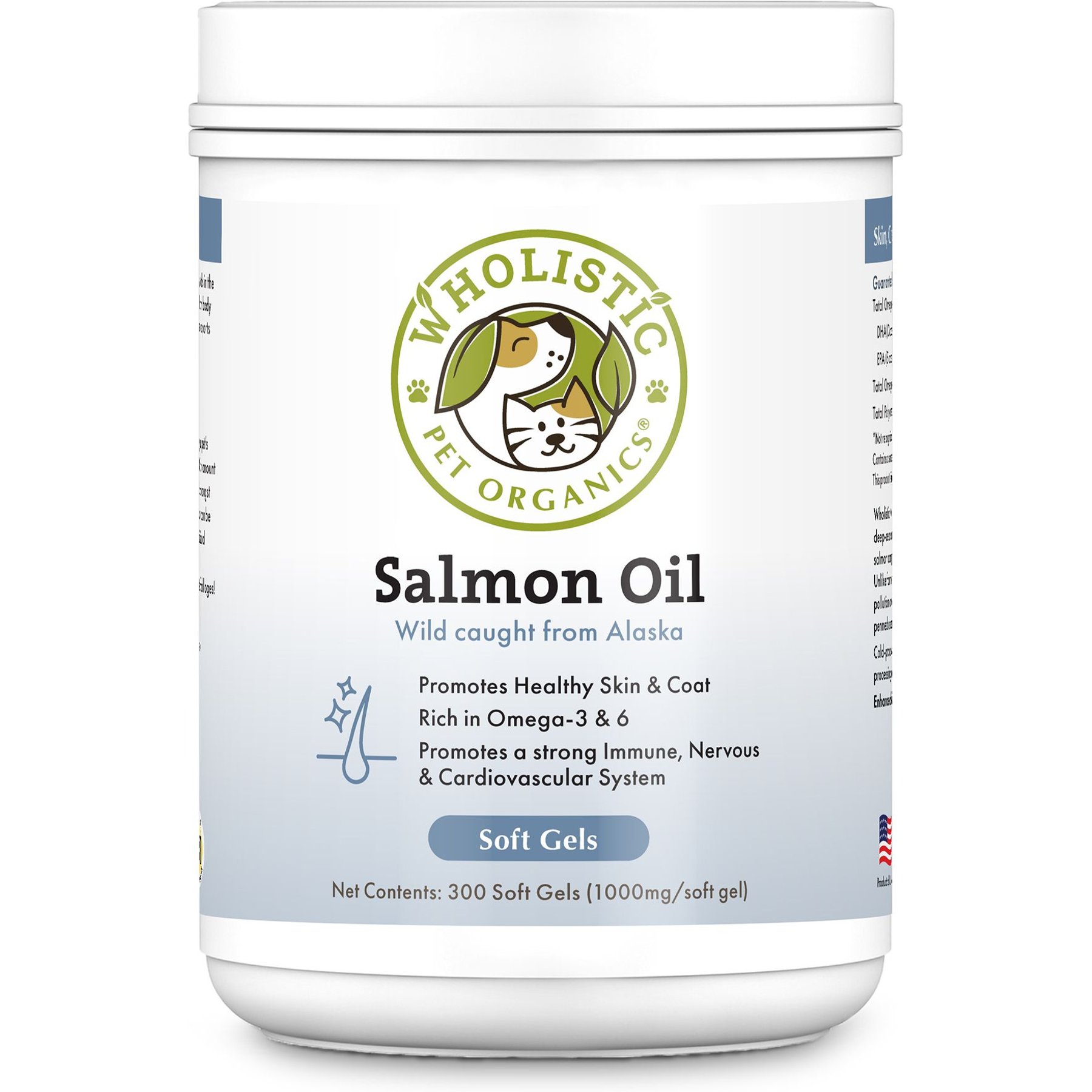 Wholistic Pet Organics Wild Salmon Oil Gel Capsule Supplement for Dogs & Cats, 300 count