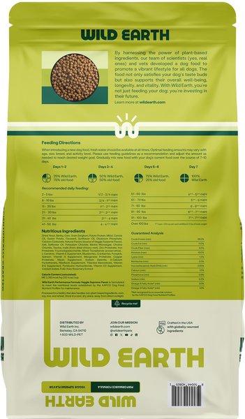 Wild Earth High Protein Performance Formula Veggie Supreme Flavor Flavor Plant-Based Dog Dry Food