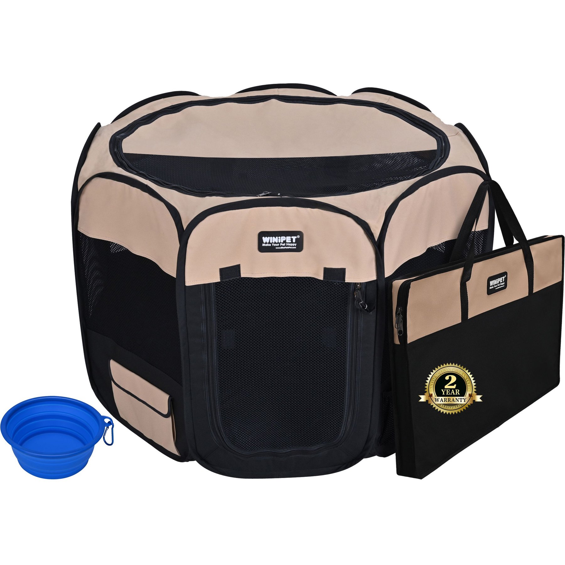 WINiPET 2-Door Soft-Sided Dog & Cat Playpen, Beige + Black, 62 x 62 x 24-in