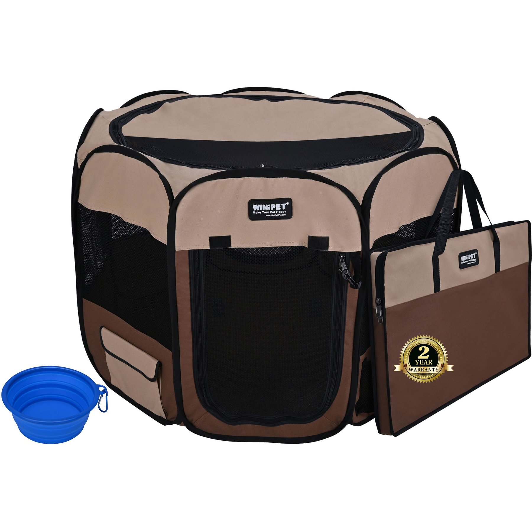WINiPET 2-Door Soft-Sided Dog & Cat Playpen, Beige + Brown, 36 x 36 x 24-in
