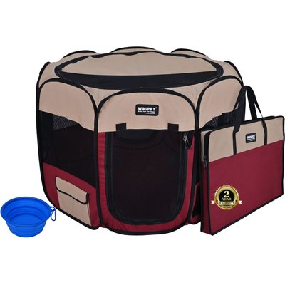 WINiPET WINiPET 2-Door Soft-Sided Dog & Cat Playpen, Beige + Maroon, 62 x 62 x 30-in