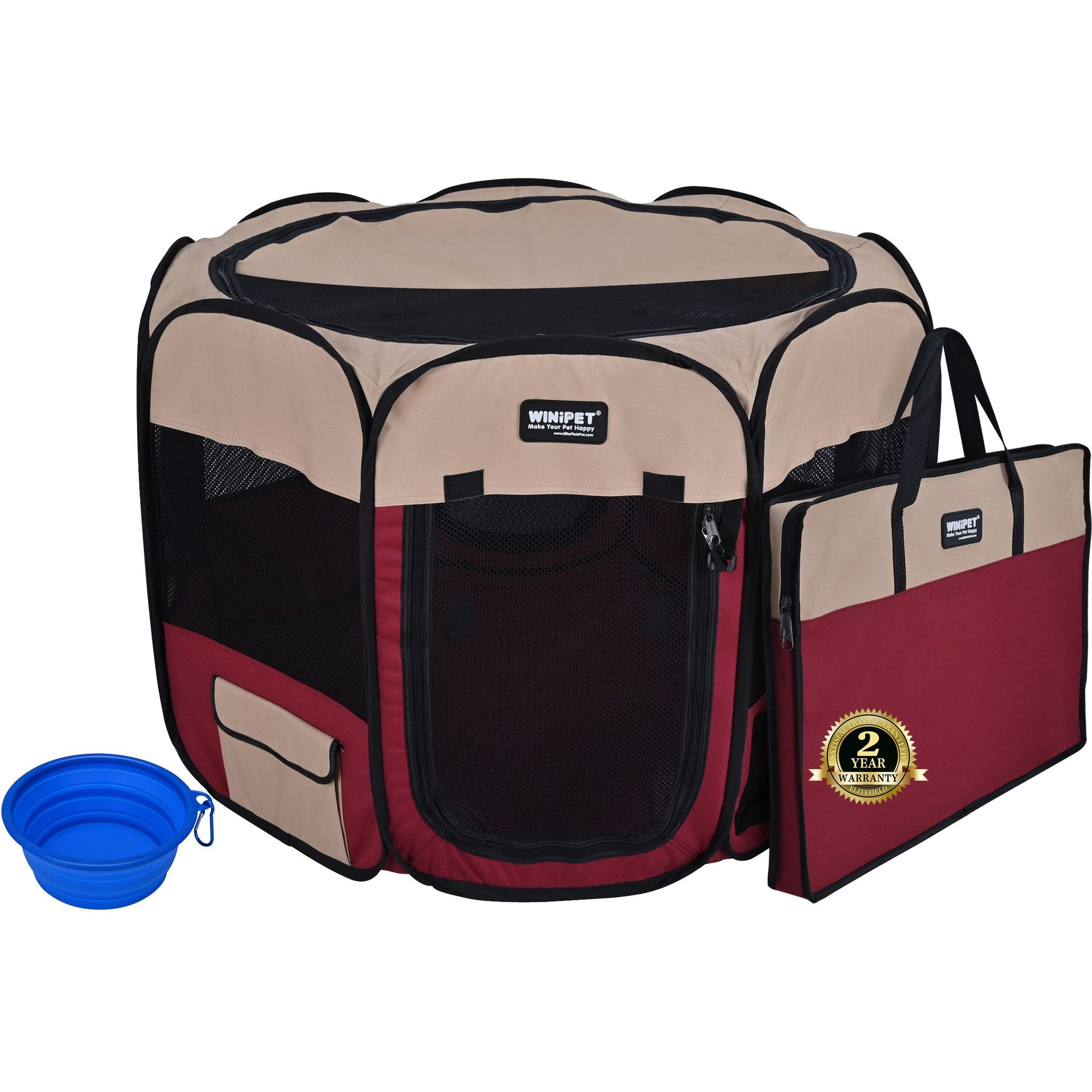 WINiPET 2-Door Soft-Sided Dog & Cat Playpen, Beige + Maroon, 62 x 62 x 36-in