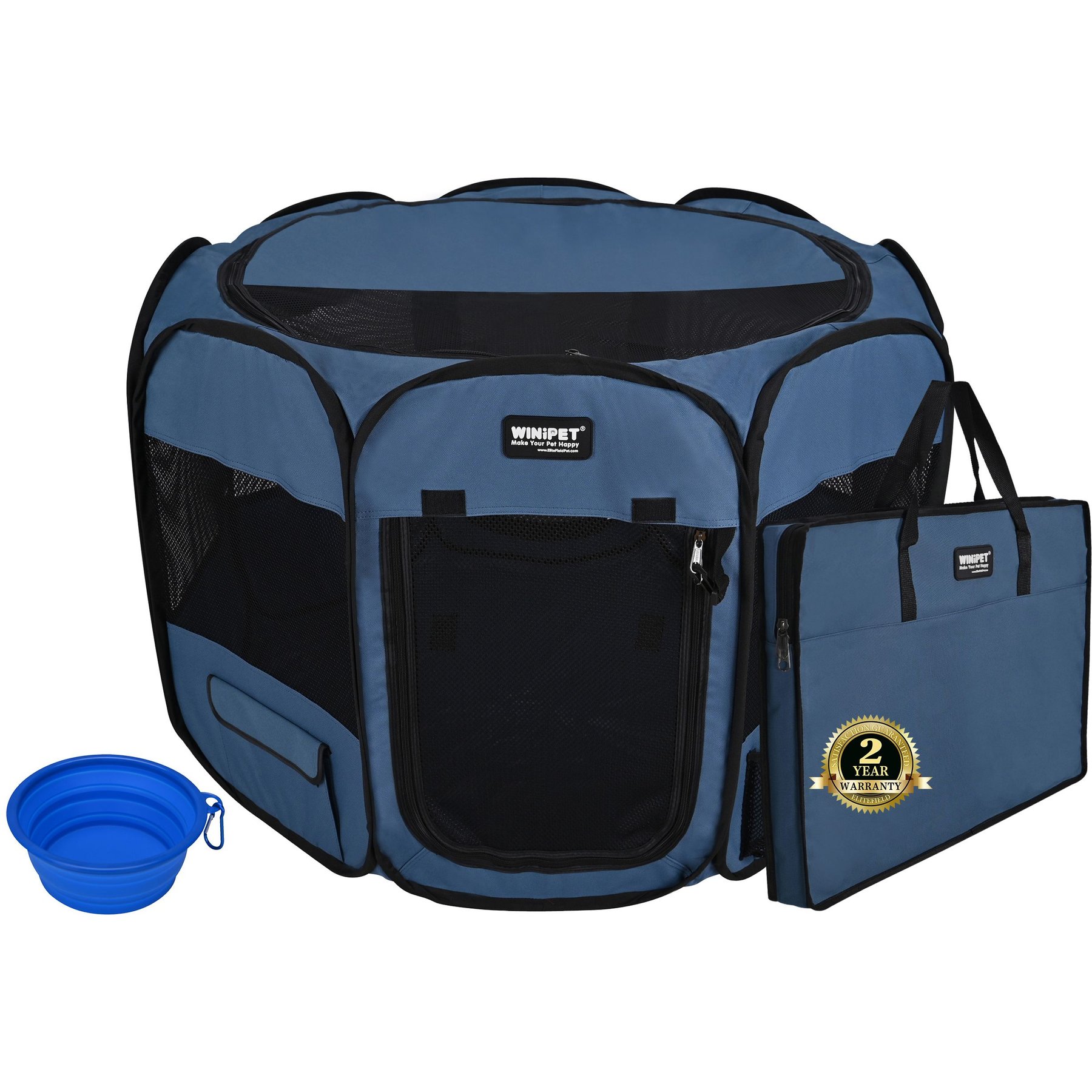 WINiPET 2-Door Soft-Sided Dog & Cat Playpen, Blue Gray, 62 x 62 x 36-in