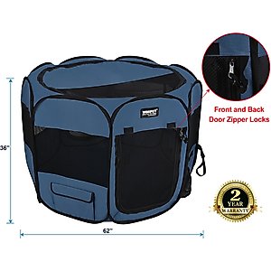 WINiPET 2-Door Soft-Sided Dog & Cat Playpen, Blue Gray, 62 x 62 x 36-in