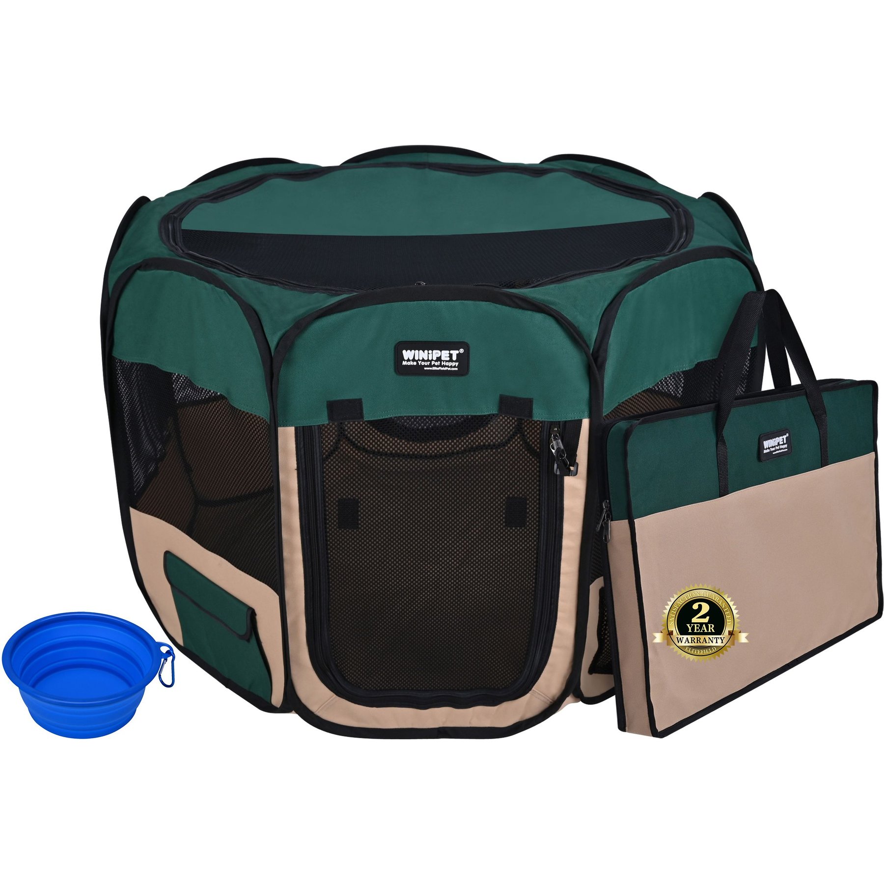WINiPET 2-Door Soft-Sided Dog & Cat Playpen, Green + Beige, 30 x 30 x 20-in