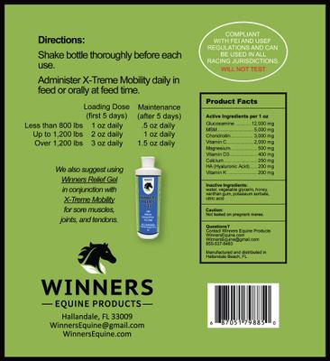 Show full view: Winners Equine Products X-TREME MOBILITY Joint HA + Bone Health Horse Supplement, 1-qt bottle slide 2 of 2