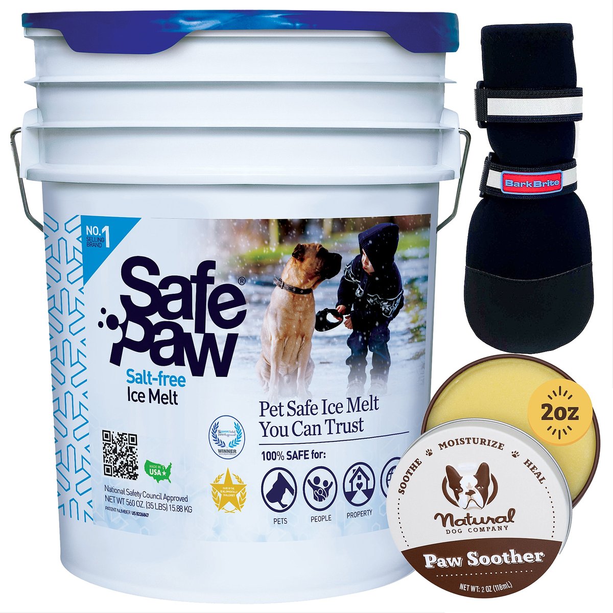 Winter Paw Protection Starter Kit - Safe Paw Ice Melt, Natural Dog Company Paw Balm, Bark Brite Dog Boots, Large