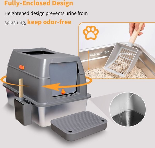 Wisfor High Sided Spill Proof Stainless Steel Cat Litter Box Pan with Spoon, Large: 13-in