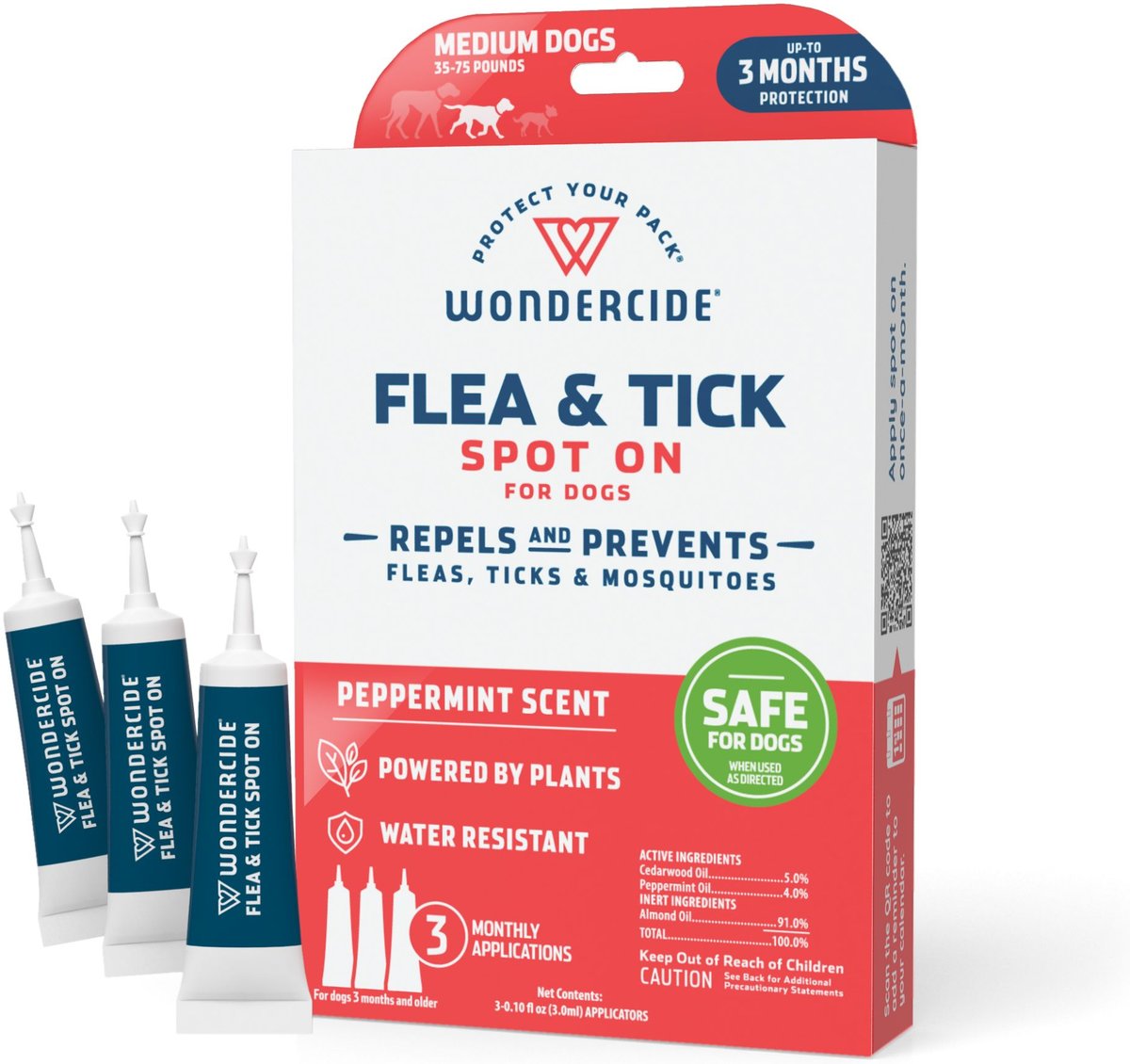 Wondercide Spot-On Flea & Tick Repellent with Natural Essential Oils for Medium Dogs, Peppermint, 3 doses (3-month supply)