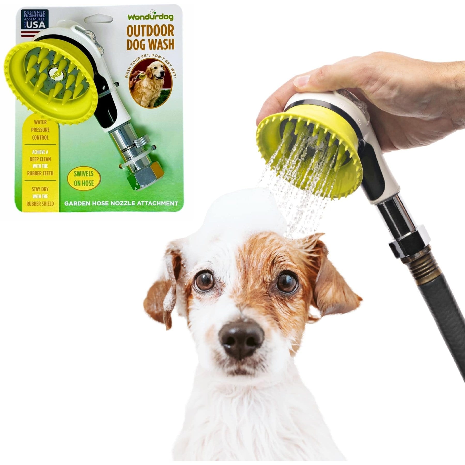 Wondurdog outdoor garden hose nozzle attachment with splash shield and rubber grooming brush