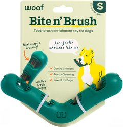 Woof Bite n' Brush Dog Toothbrush Toy Dental Stick Dispenser, Green, Small