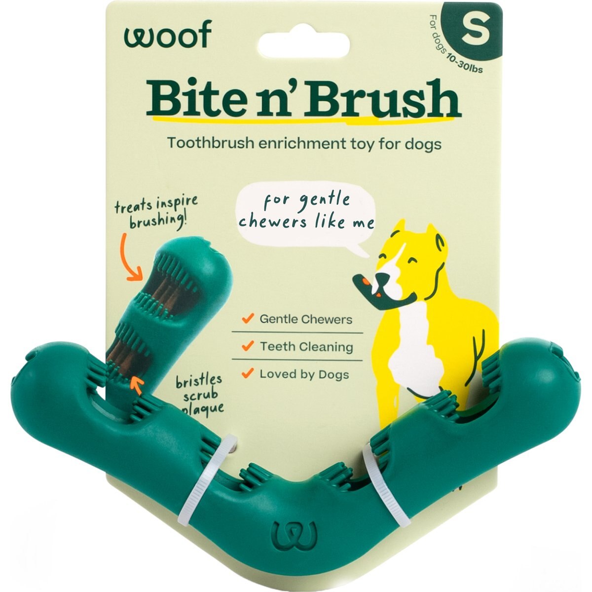 Woof Bite n' Brush Dog Toothbrush Toy Dental Stick Dispenser, Green, Small