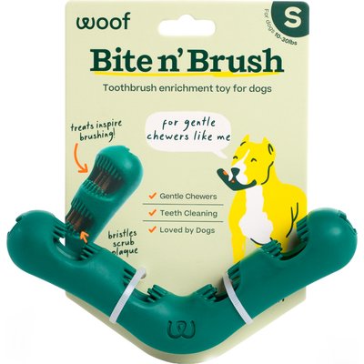 Woof Woof Bite n' Brush Dog Toothbrush Toy Dental Stick Dispenser, Green, Small