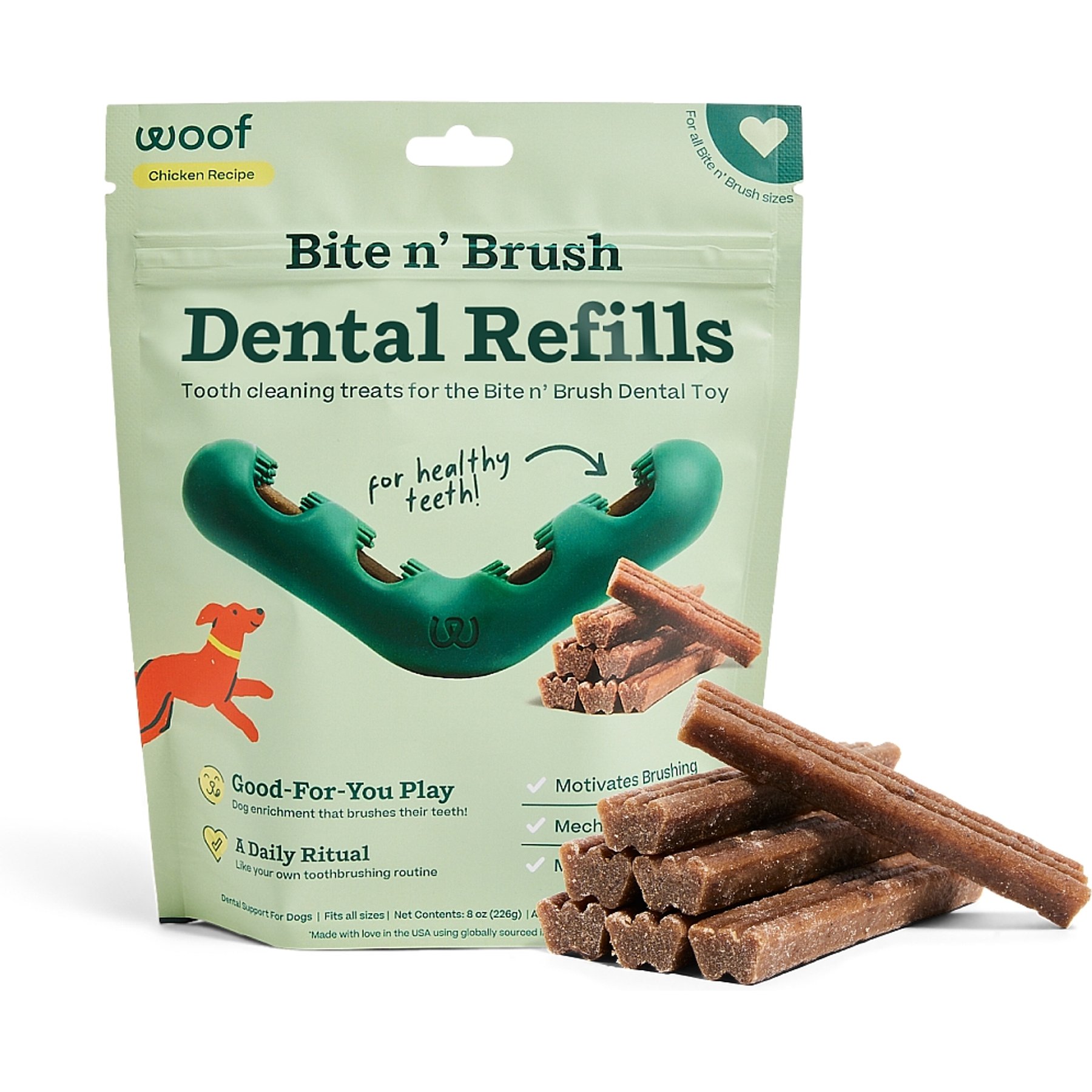 Woof Bite n' Brush Refill Grain-Free Chicken Sticks Adult Dental Dog Chew Treats, 18 count
