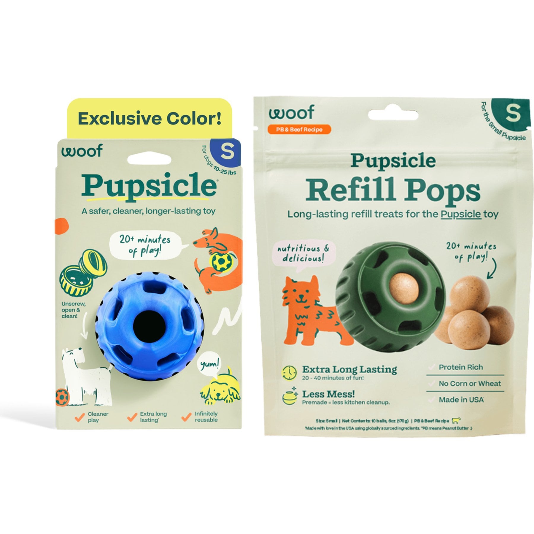 Woof Party Pupsicle Kit: Treat Dispensing Dog Toy, Chewy Blue, Small + Refills Beef & Peanut Butter Grain-Free Lickable Dog Treats, Small, 10 count