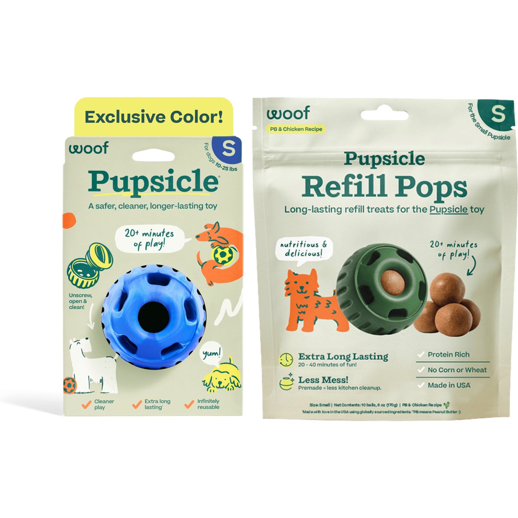 Woof Party Pupsicle Kit: Treat Dispensing Dog Toy, Chewy Blue, Small + Refills Chicken & Peanut Butter Grain-Free Lickable Dog Treats, Small, 10 count
