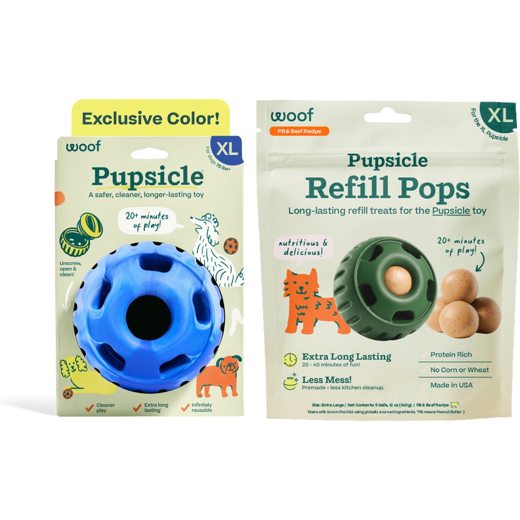 Woof Party Pupsicle Kit: Treat Dispensing Dog Toy, Chewy Blue, X-Large + Refills Beef & Peanut Butter Grain-Free Lickable Dog Treats, Extra Large, 5 count