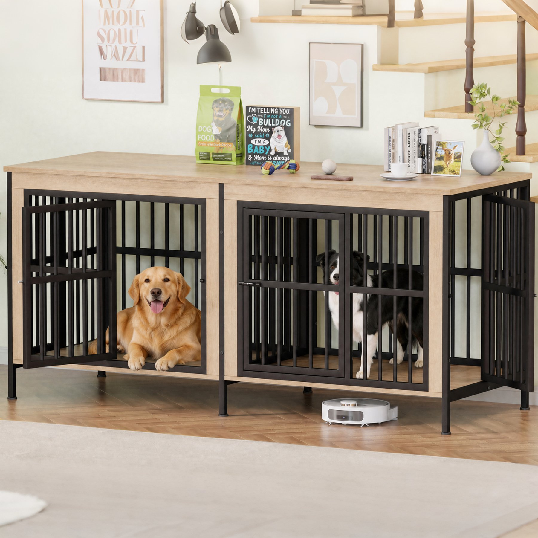 Xbrigh Dog Crate Furniture with Four Door Locks Double-Compartment TV Stand, Large: 88-in, White