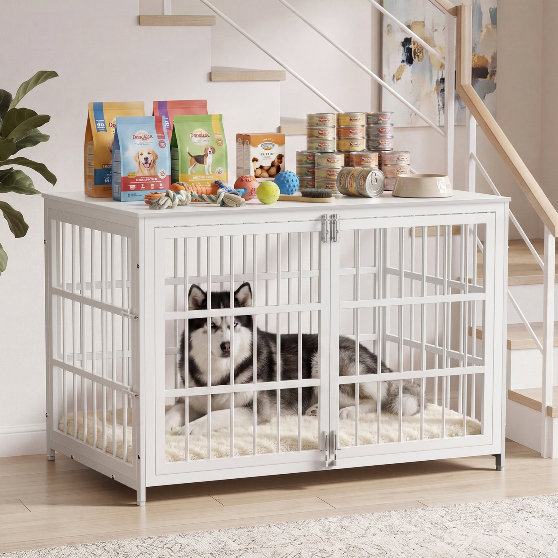 Xbrigh Heavy-Duty Indoor Furniture-Style Side Table Pet Dog Cage with Multiple Safety Locks, White, Medium: 48-in