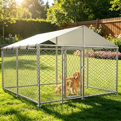 Xbrigh Xbrigh Heavy Duty Outdoor Dog Kennel with Waterproof Cover, Silver, 93 x 93 x 63-in