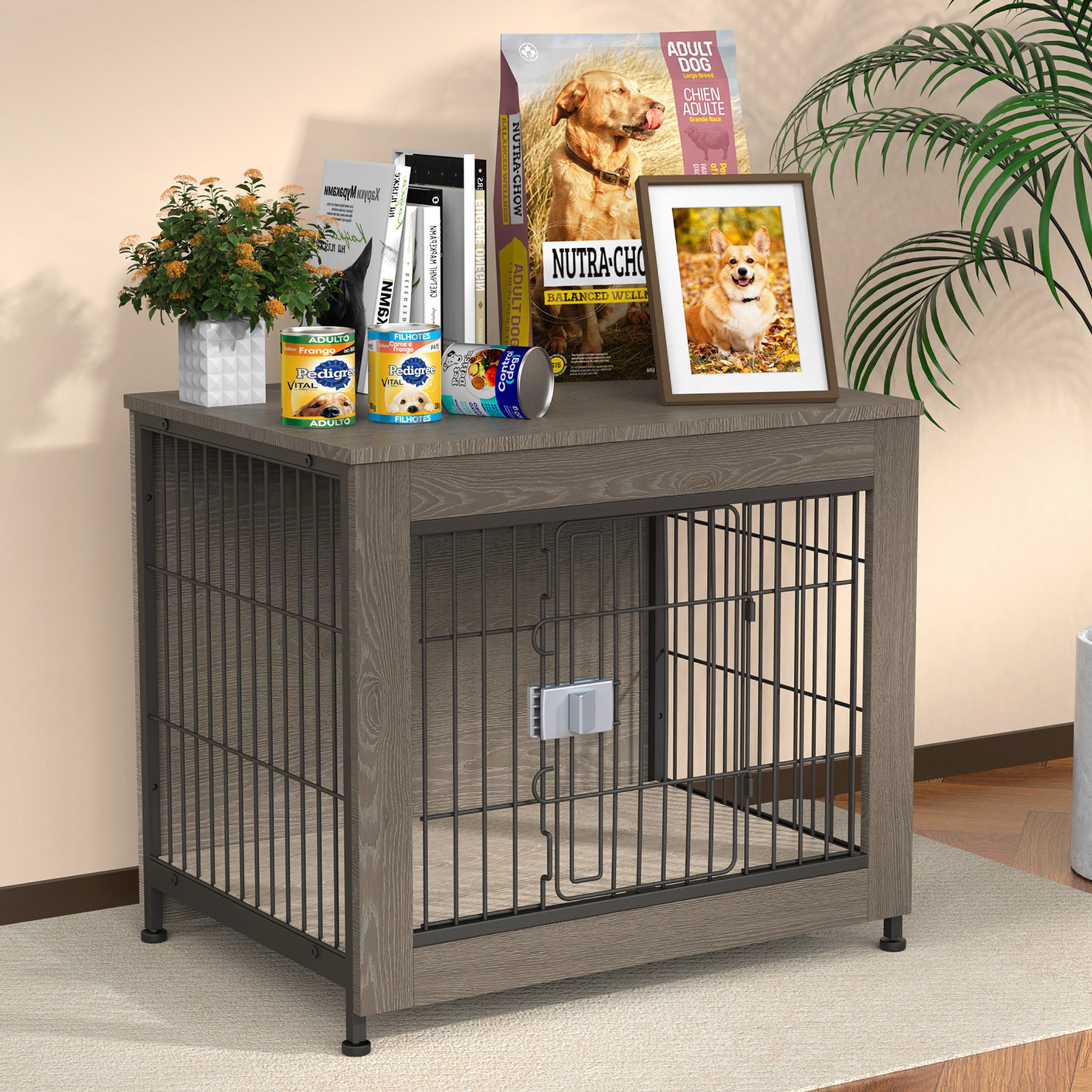 Xbrigh Lockable Furniture-Style Dog Crate, Black, Small: 27-in, Light gray