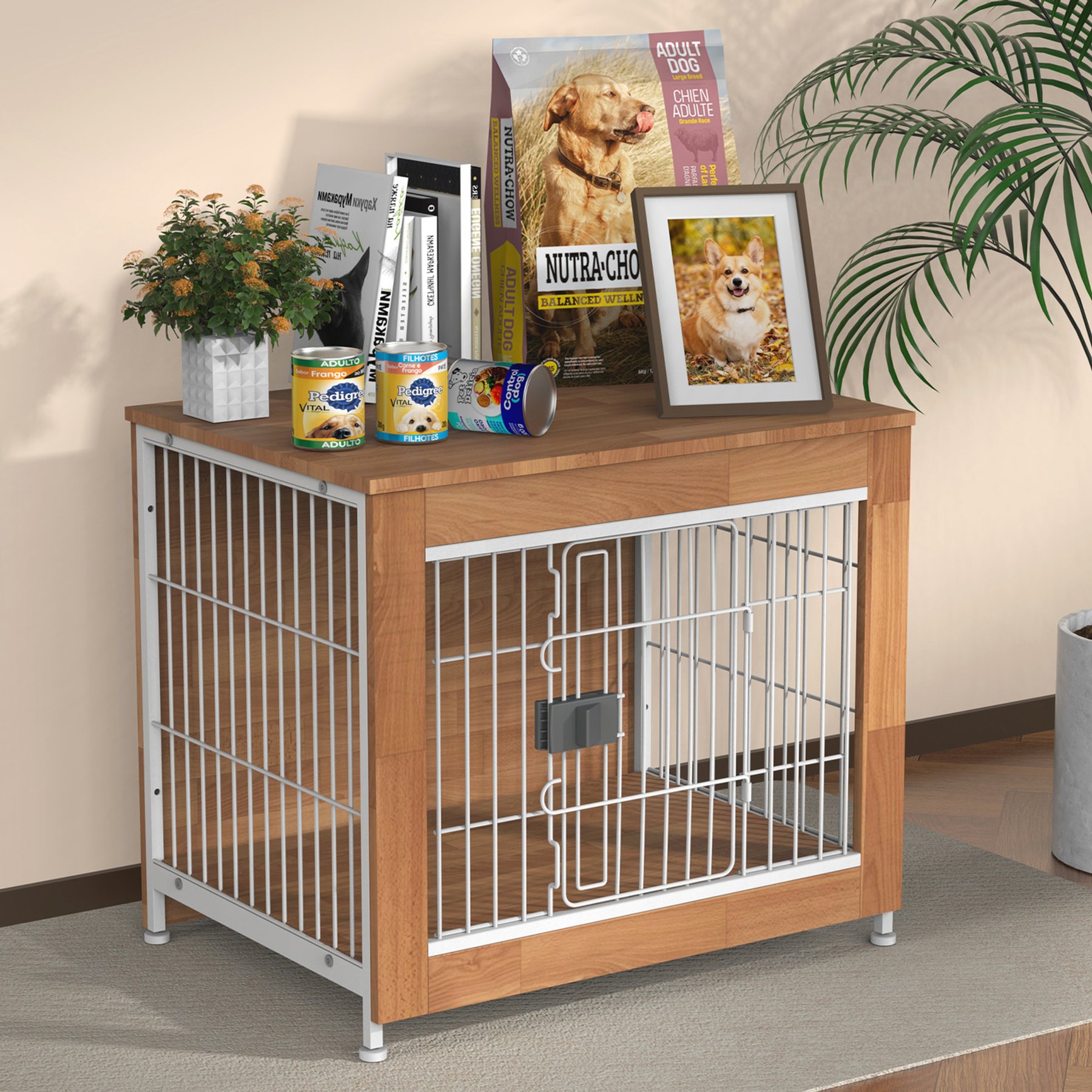 Xbrigh Lockable Furniture-Style Dog Crate, Black, Small: 27-in, Natural Wood