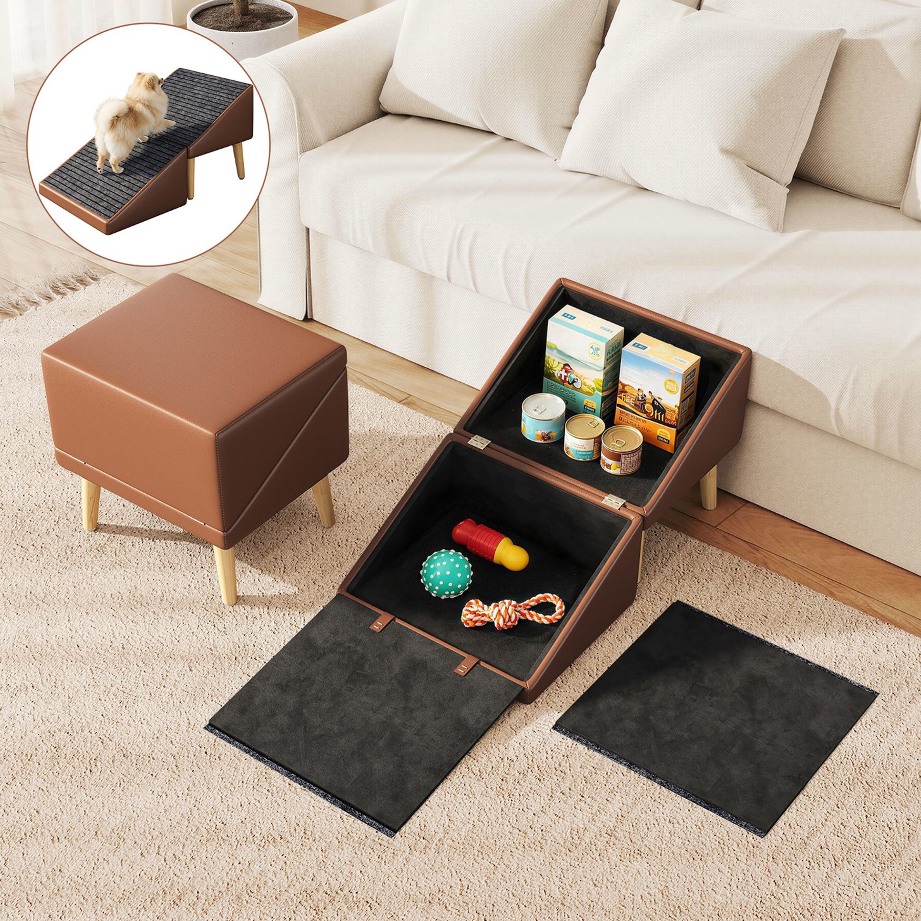 Yafylly 3-in-1 Storage for Bed & Sofa, Stairs & Ottoman Footstool, Non-Slip Dog & Cat Ramps, 265-lbs, Brown