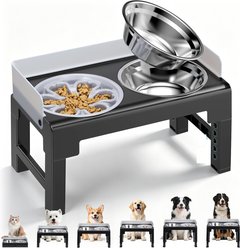 Yafylly 6-Height Adjustable Elevated Stainless Steel Dog & Cat Bowl Stand with 1 Slow Feeder & 2 Bowls, Gray, Medium: 5-cup