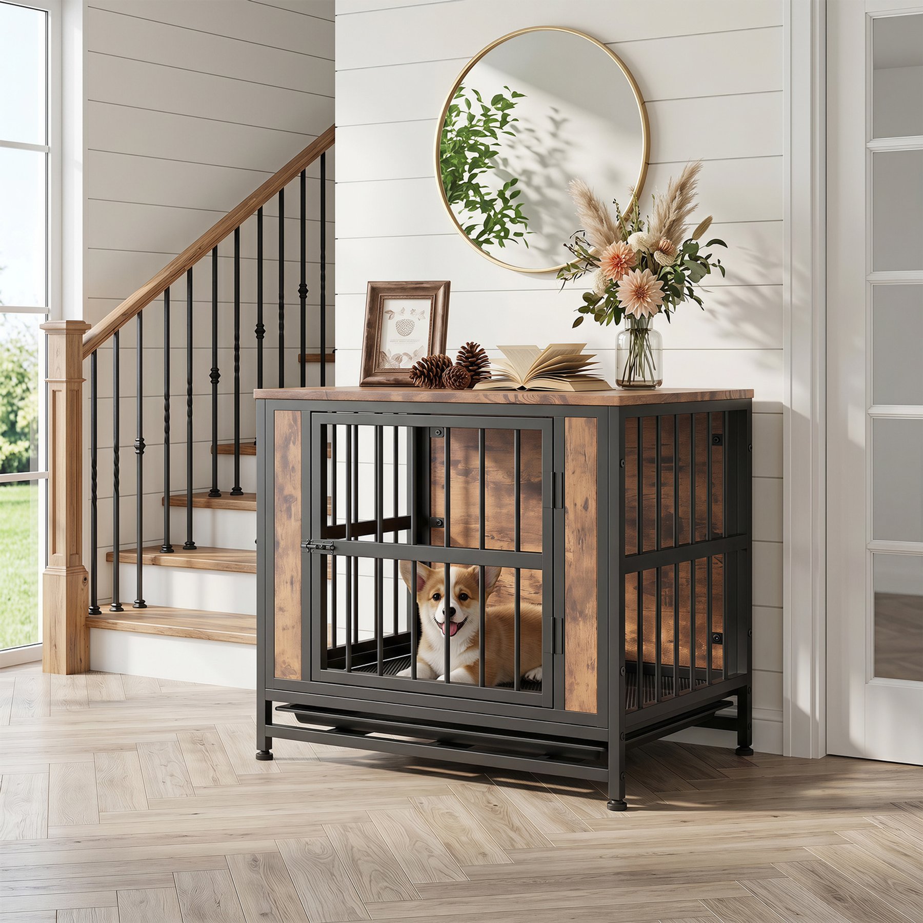 Yafylly Furniture Wooden End Table Dog Crate with Iron Frame, Pull-Out Tray & Dual Doors Dog Crate, Rustic Brown