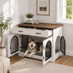 Yafylly Heavy-Duty Indoor Dog Crate Furniture with 2 Storage Drawers, White/Brown, Large: 43.3 inch