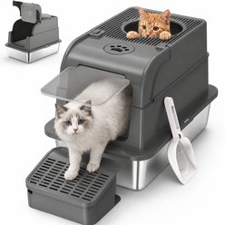 Yafylly Hidden Stainless Steel Cat Litter Box with Litter Scoop & Ramp, Black, Medium
