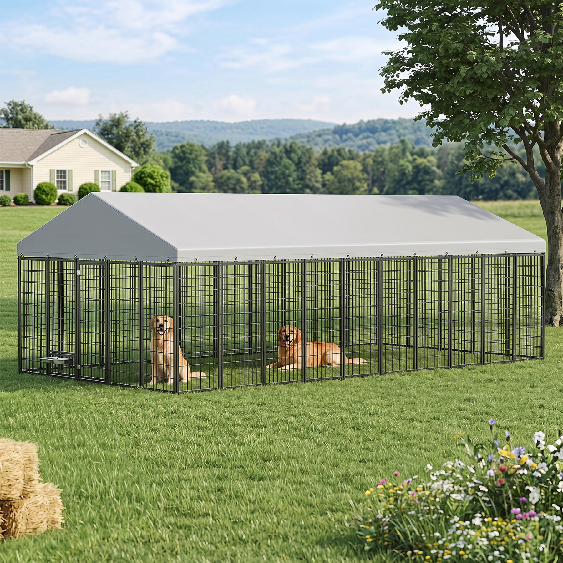 Yafylly Outdoor Heavy Duty Galvanized Dog Kennel with Canopy, 20 x 10-ft