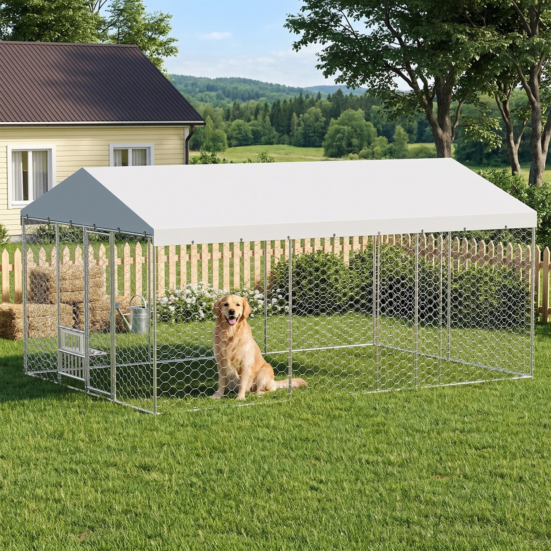 Yafylly Outdoor Lockable Door, Water-Resistant Roof Cover & Built-in Elevated Feeding Bowls Dog Kennel with Canopy, 15 x 10-ft