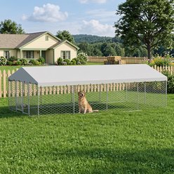 Yafylly Outdoor Lockable Door, Water-Resistant Roof Cover, Elevated Feeding Bowls & Heavy Duty Playpen Dog Kennel with Canopy, 20 x 10-ft