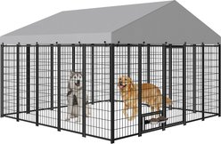 Yafylly Outdoor Roof Cover Animal Hutch Metal Coop Fence Dog Kennels with 2 Feeders & Double Lock, Black, Large