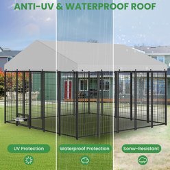 Yafylly Outdoor Roof Cover Animal Hutch Metal Coop Fence Dog Kennels with 2 Feeders & Double Lock, Black, Large slide 2 of 7